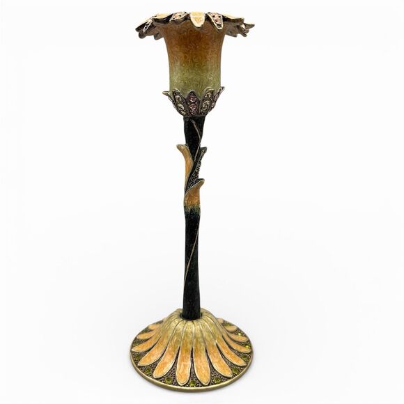 art Other - Vintage Jeweled Candle Holder Art Nouveau Floral Candlestick Metal Enamel